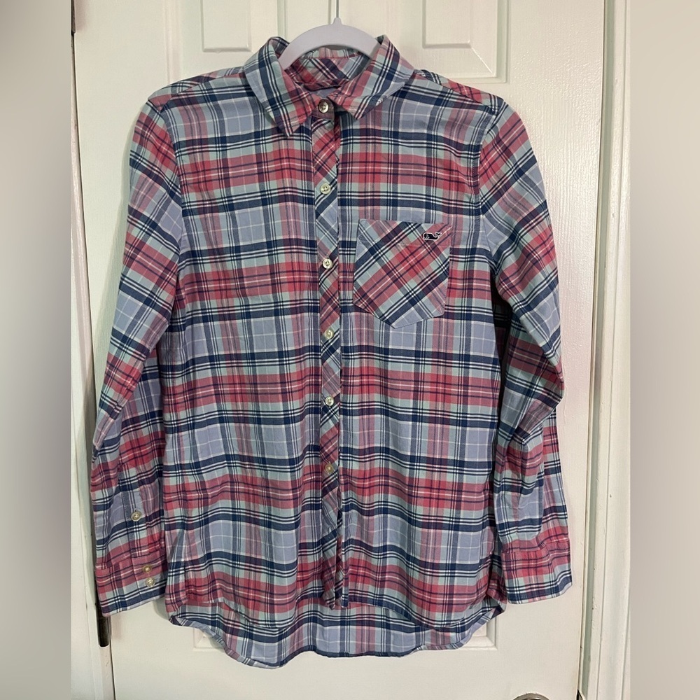 Vineyard Vines Women's Pink and Blue Plaid Button Down Shirt size 2